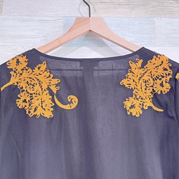 SUNDANCE Sheer Floral Embroidered Top Black Brown Tulle Beaded Boho Womens Large - Picture 6 of 8